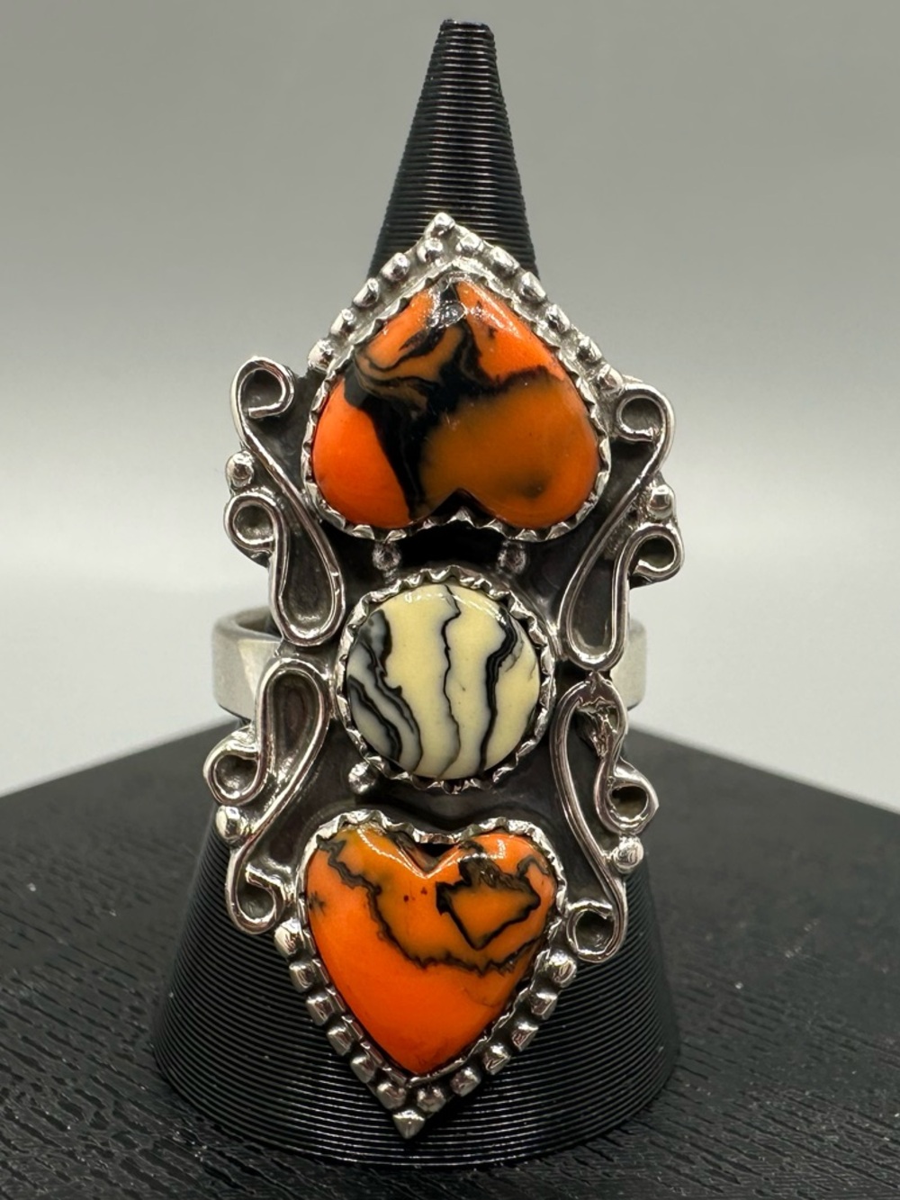 🧡🖤 Orange & Black Rosarita Heart-Shaped Sterling Silver 925 Ring Handmade